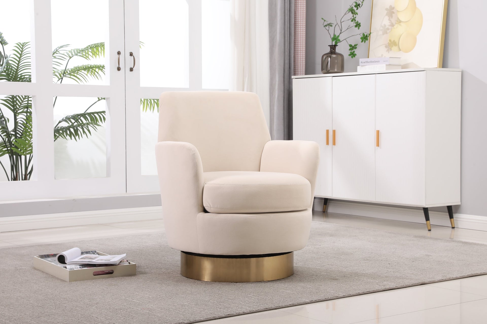Beige Orange Velvet Swivel Barrel Chair
