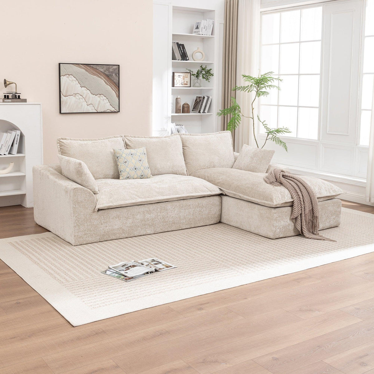 Ivory Chenille L‑Shaped Modular Sectional Compressed Sofa
