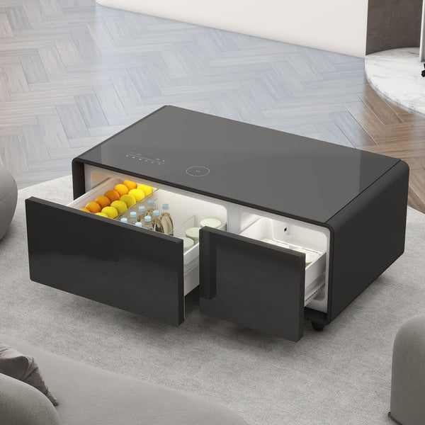 Modern Smart Coffee Table with Built-in Fridge, Bluetooth Speaker, Wireless Charging, Touch Control Panel, USB Interface Black