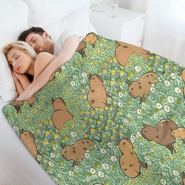 Capybaras Meadow in Green And Yellow Eco-conscious Throw Blanket