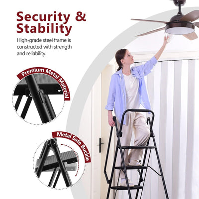 Four step ladder, lightweight folding four step stool, wide anti slip pedal and safety handle, sturdy steel ladder