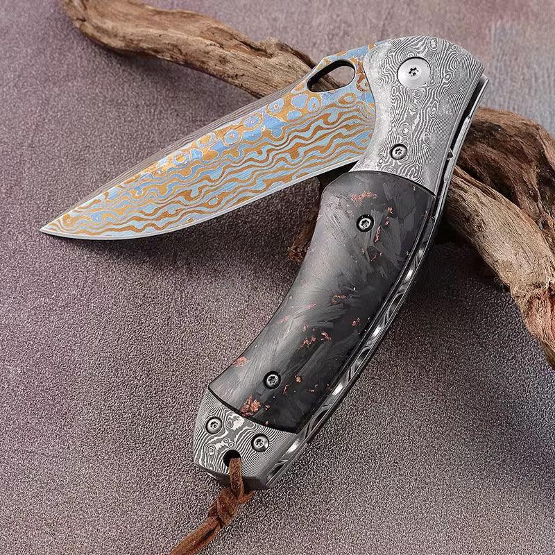 Centurion Titanium Damascus (Timascus) Pocket Knife with Carbon Fiber Handle & Sheath