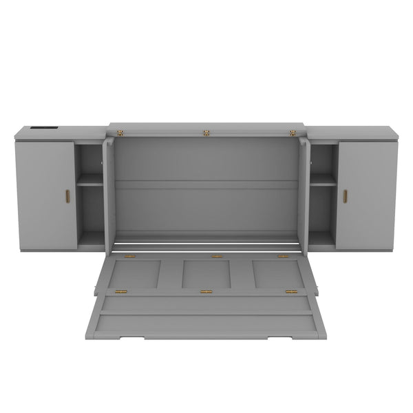 Full Size Murphy Bed with Shelves, Cabinets and USB Ports,Gray