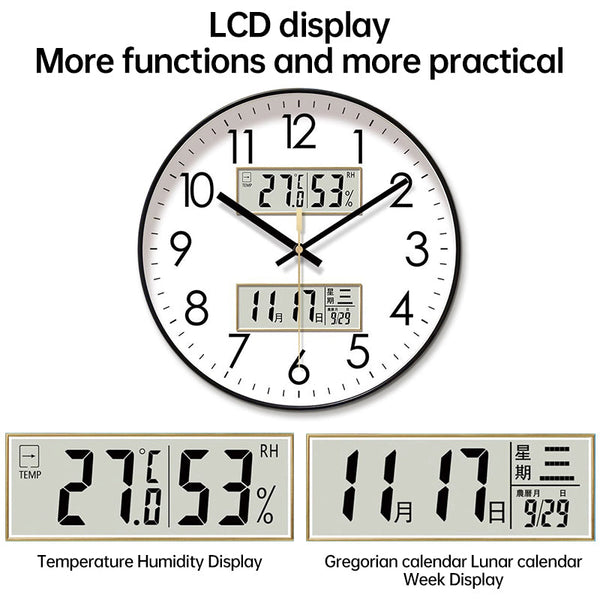 2025 New 10/12/14 - inch Electronic Calendar Wall Clock. Monitors temp & humidity. Dual - display. Mute. Quartz movement.