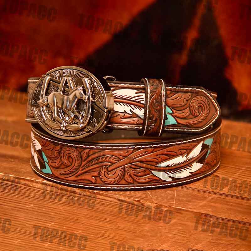 Waist 42-46 inch Western Leather Feather Belt - Block Buckle