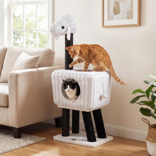 43-Inch Lamb-Shaped Cat Tower with 2-Door Rattan Condo for Indoor Kittens-White