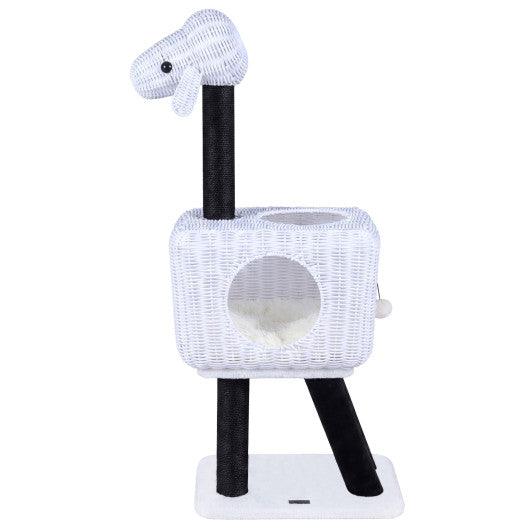 43-Inch Lamb-Shaped Cat Tower with 2-Door Rattan Condo for Indoor Kittens-White