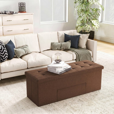 43 Inches Folding Storage Ottoman Bench Linen End of Bed Bench with Padded Seat-Brown