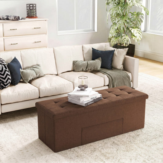 43 Inches Folding Storage Ottoman Bench Linen End of Bed Bench with Padded Seat-Brown