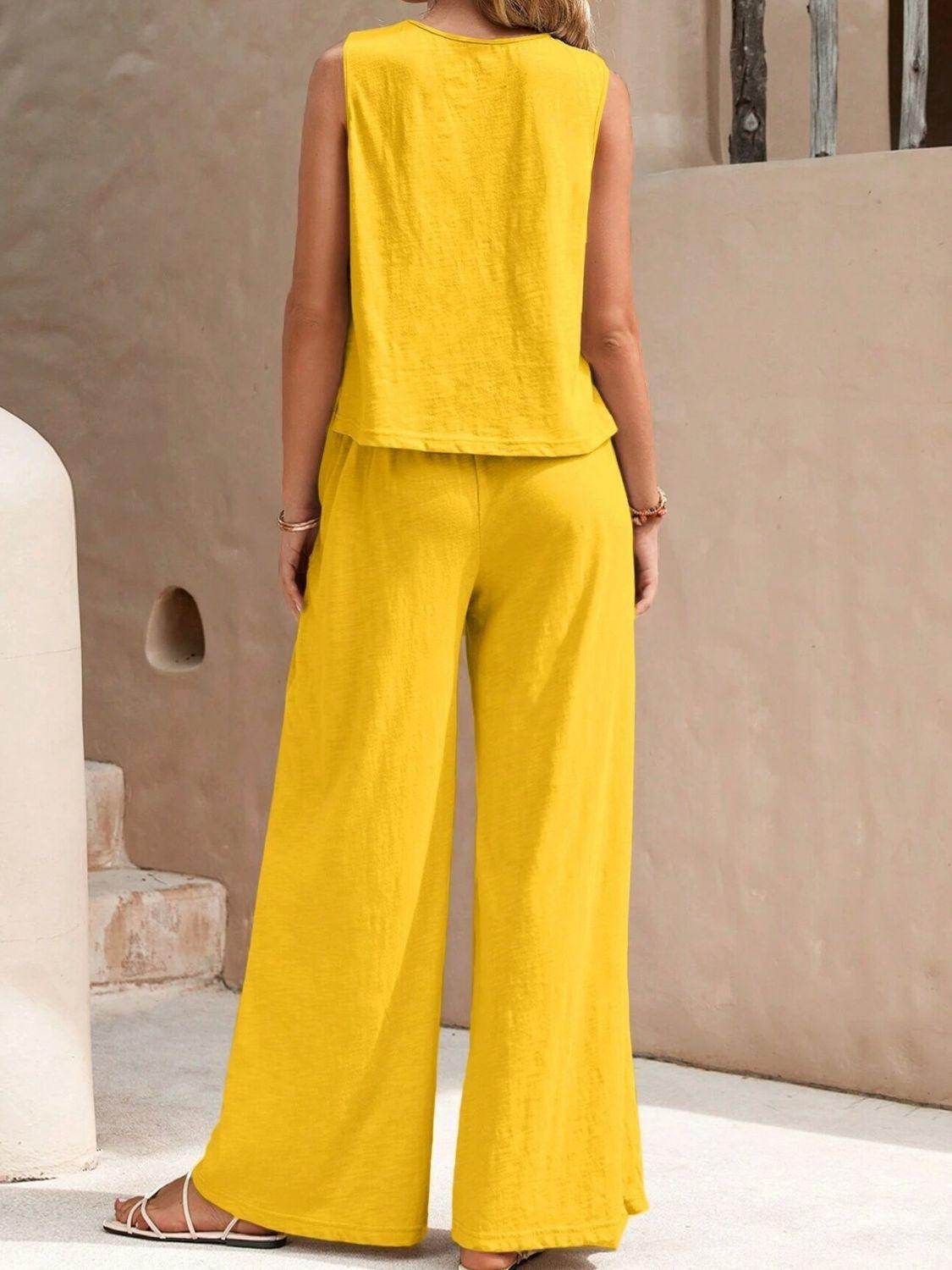 Stylish Round Neck Sleeveless Top and Wide Leg Pants Set