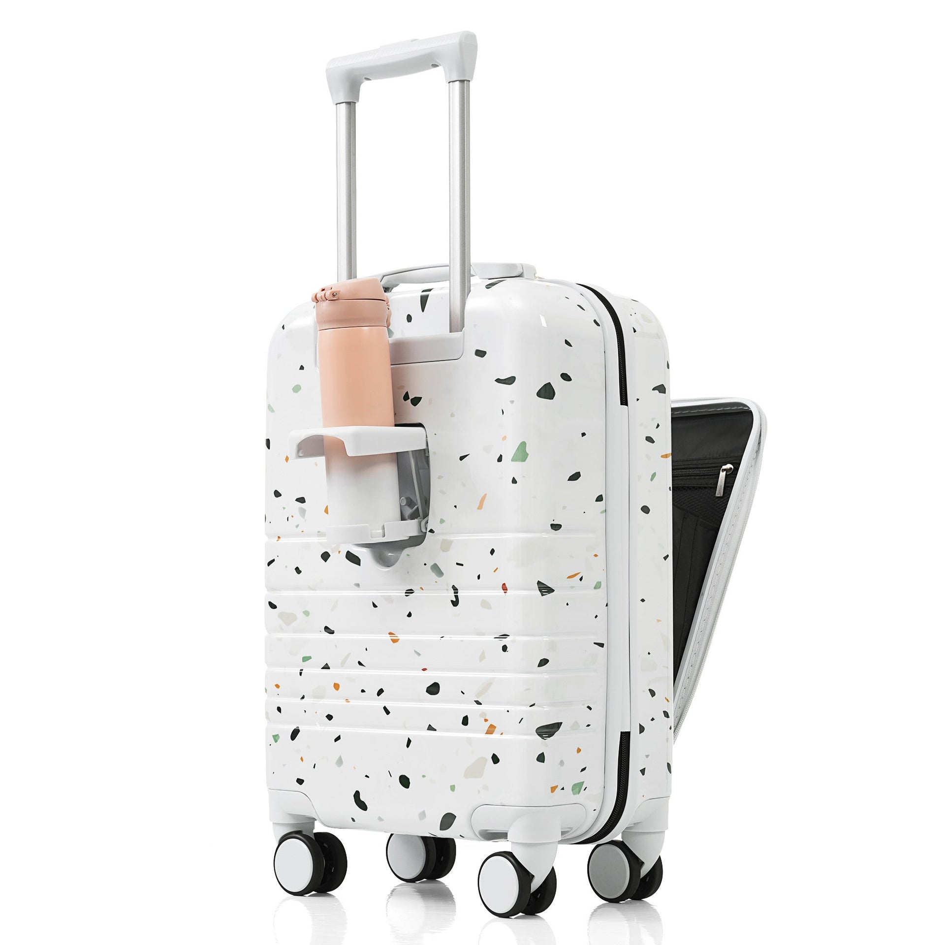 Luggage Set of 3, 20, 24, 28inch with USB Port, 20, 24inch with front opening design Airline Certified Carry on Luggage with Cup Holder, ABS+PC Hard Shell Luggage with Spinner Wheels, starry sky white