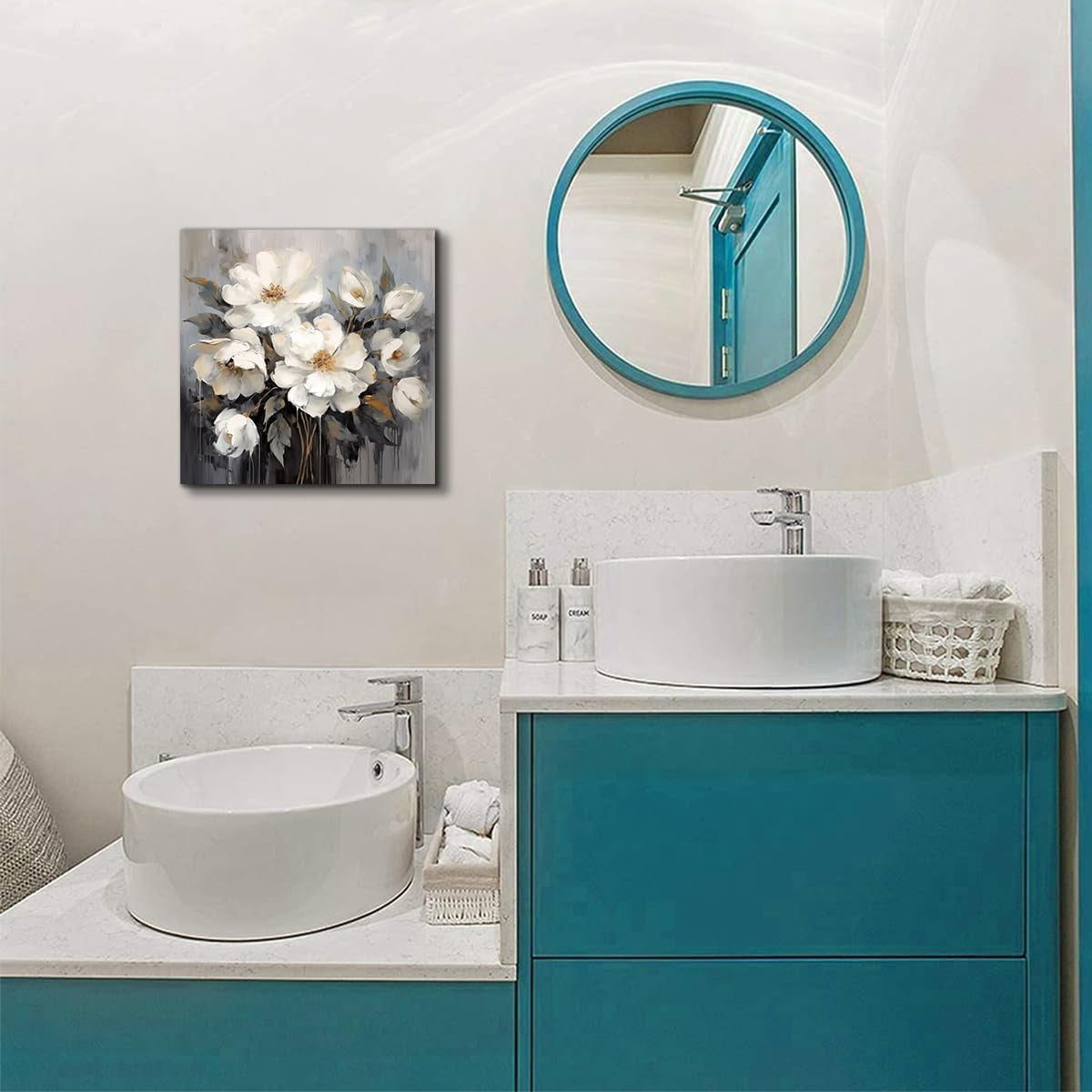 Stunning White and Gray Flower Canvas Art - Elegant 12x12 Inch Wall Decor for Bathroom, Bedroom, and Office