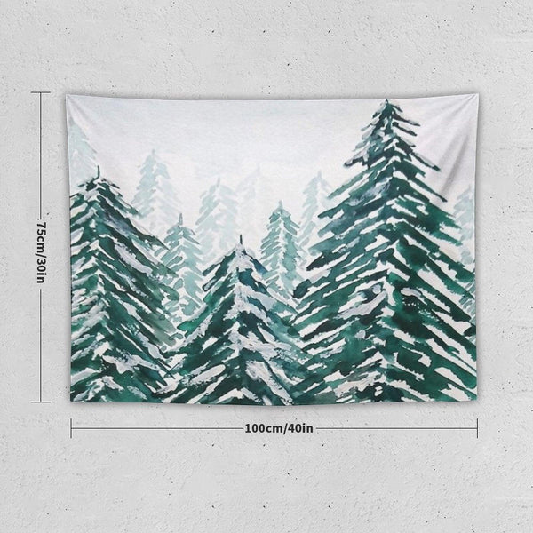 Hand Painted Snowy Pine Forest Green Tapestry