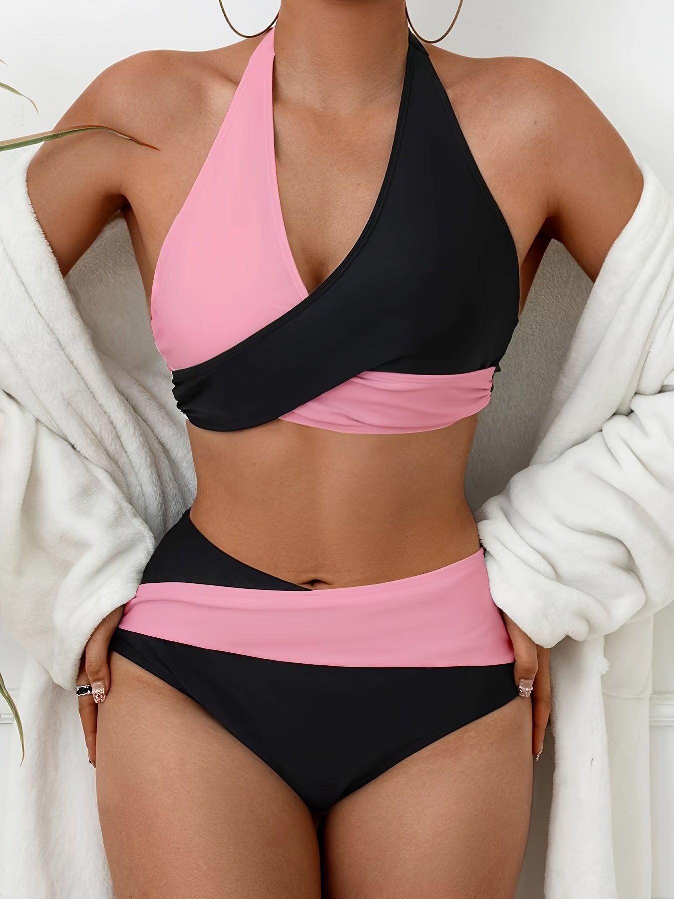 Bikini Black and White Contrast Color Criss Cross Neck 2 Piece Swimsuit for Women – Stylish Medium Stretch Two-Tone Bikini Set with Unique Neckline and Flattering Fit – Modern Swimwear for Beach Days, Pool Lounging, and Summer Escapes