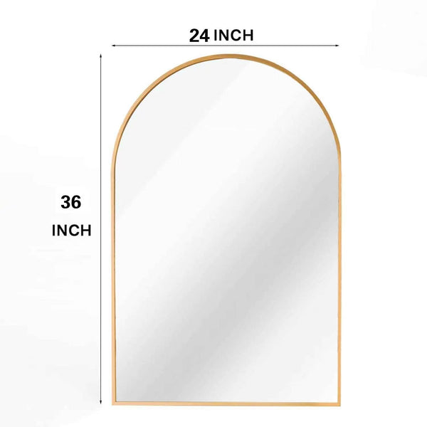 Dimensions of 24x36 Inch Gold Metal Framed Arched Mirror displayed with height and width measurements for accurate home fitting.