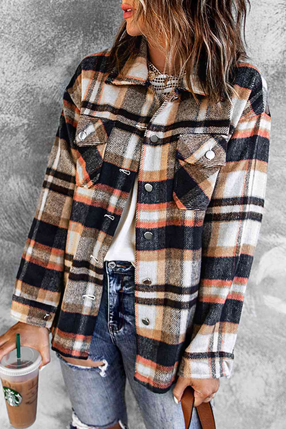 Classic Plaid Button Front Shirt Jacket with Breast Pockets Casual & Minimalist Outerwear