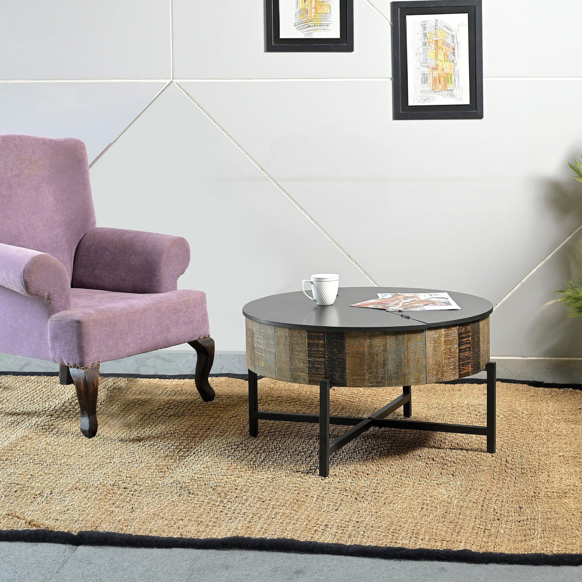 Rustic Mango Wood Coffee Table with Hidden Storage – Modern Iron Base Center Table