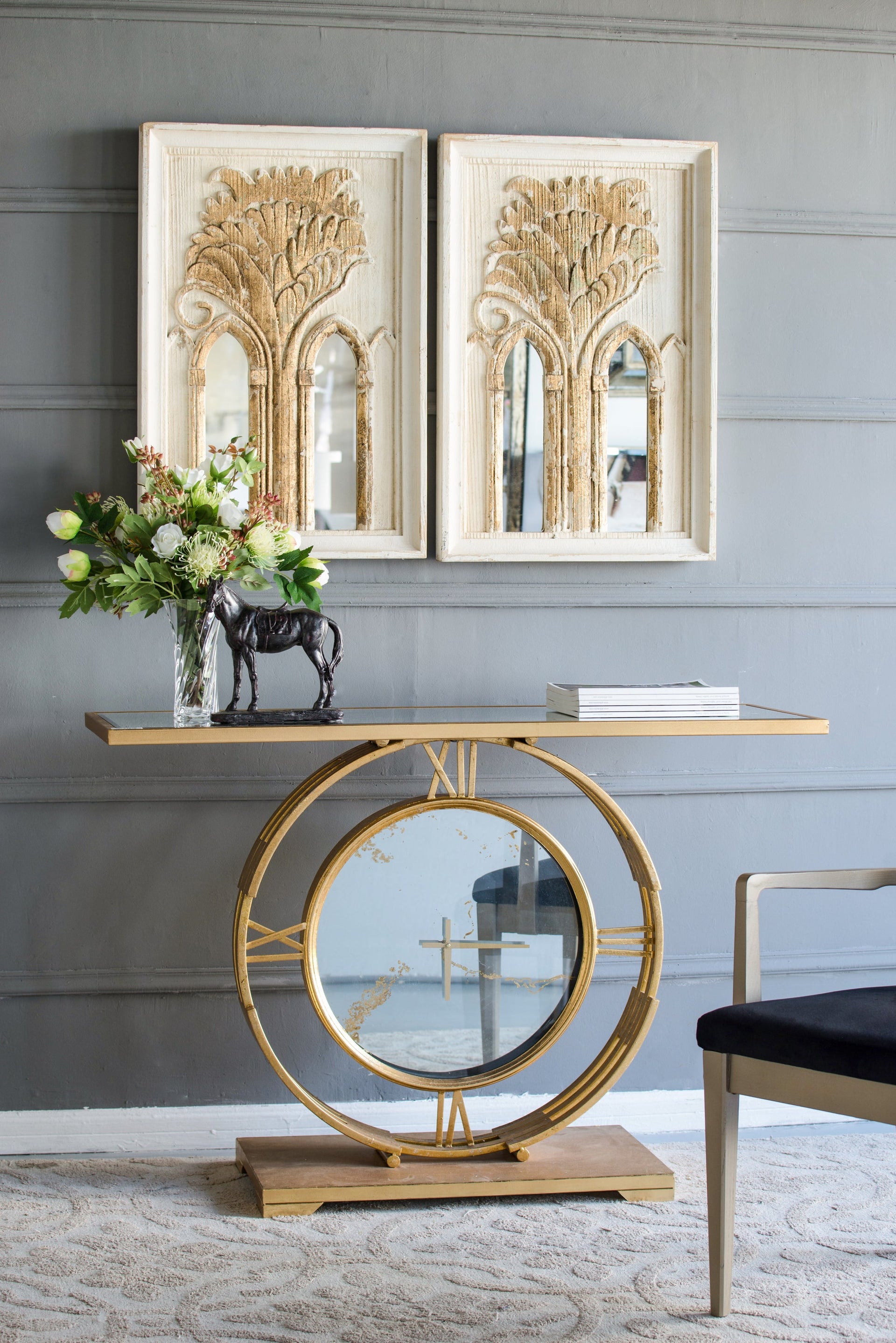 20.1x2x29.9' Mid-Century Modern Wall Mirror with Gold Leaf Details, Set of 2