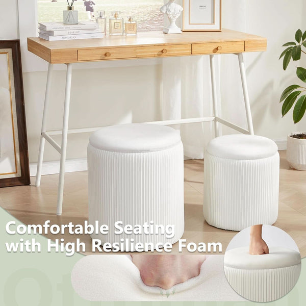 Compact Round Velvet Storage Ottoman TwoPack White