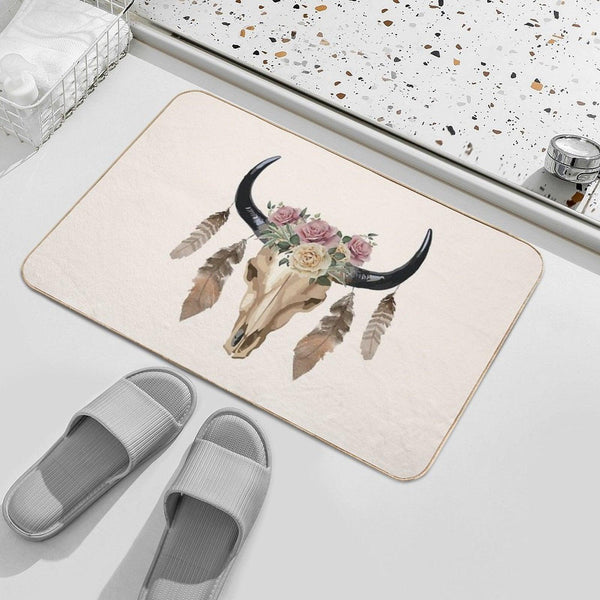 Cow Skull And Crown Leaves And Butterflies Bath Mat