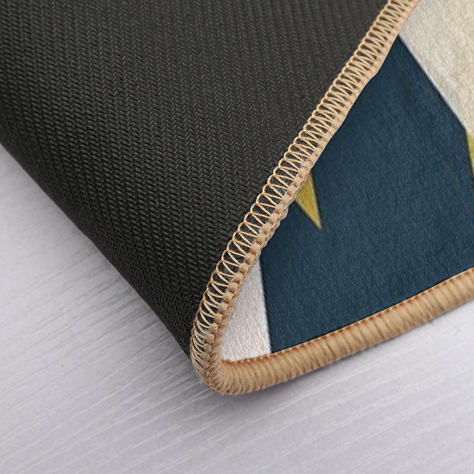 Triangular Abstract in Mustard Yellows, Navy Blue, And Blush Tones. Minimalist Geometric Bath Mat