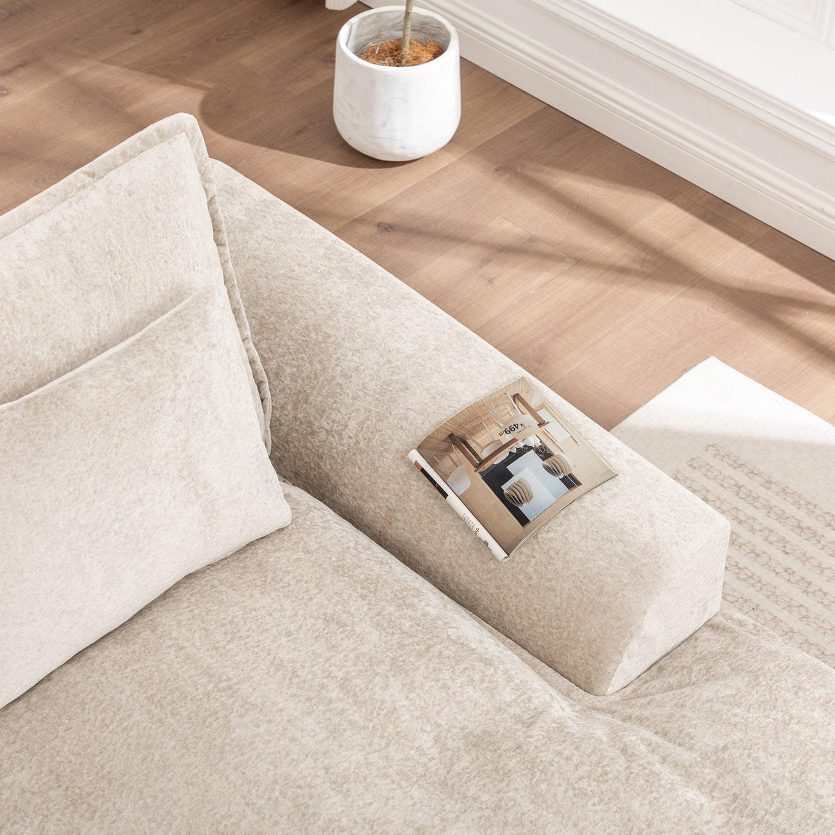 Ivory Chenille L‑Shaped Modular Sectional Compressed Sofa