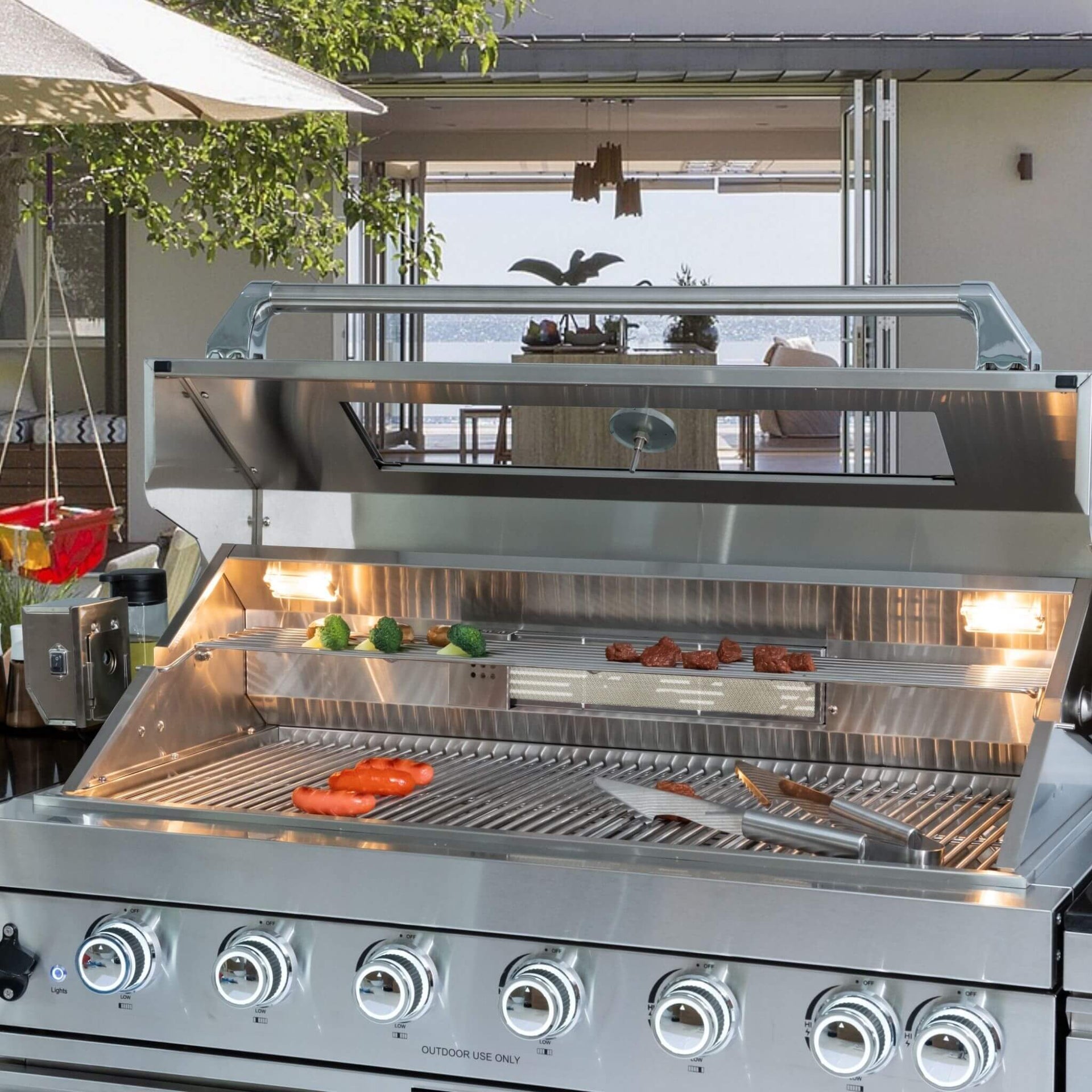 Verona 44-Inch 6-Burner 85K BTU Stainless Steel Outdoor BBQ Kitchen Grill Island With Wine Cooler, Rotisserie Kit, And Storage Cabinets (SAK97105)