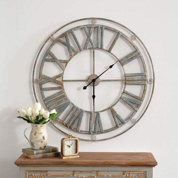 Large Vintage Farmhouse Wall Clock with Roman Numerals and Distressed Metal Frame