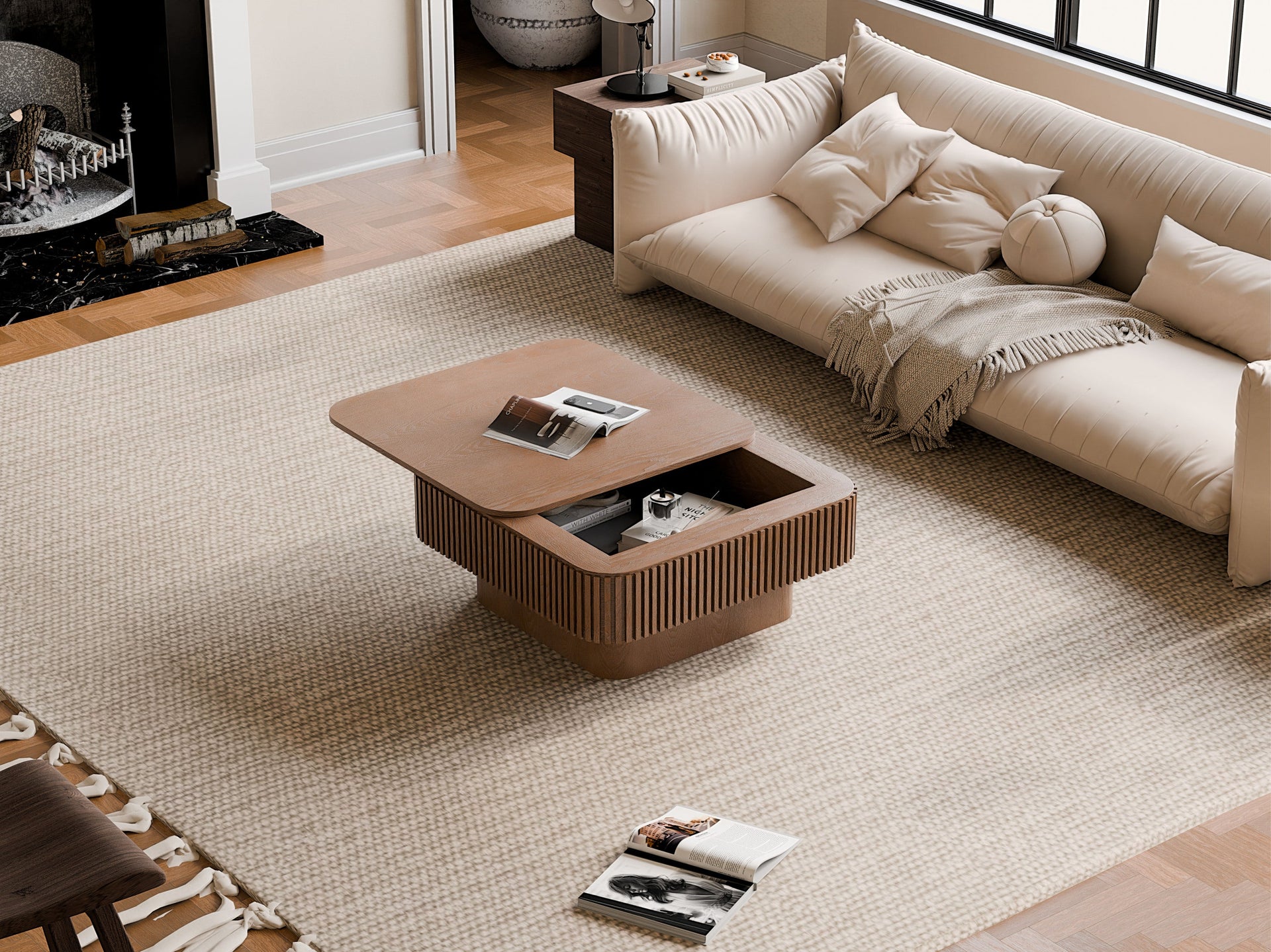 Walnut Square Modern Coffee Table with Hidden Storage