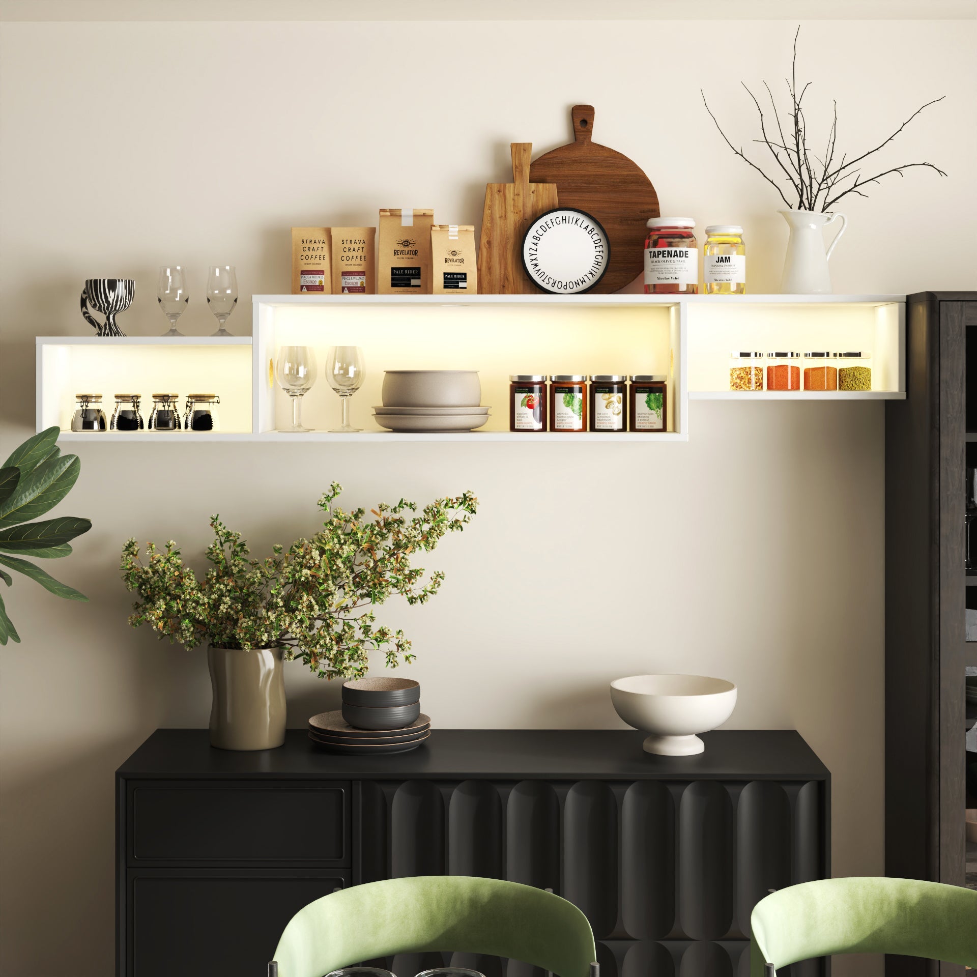 Wall Mounted Floating TV Stand with LEDs and Charging Station for Living Room