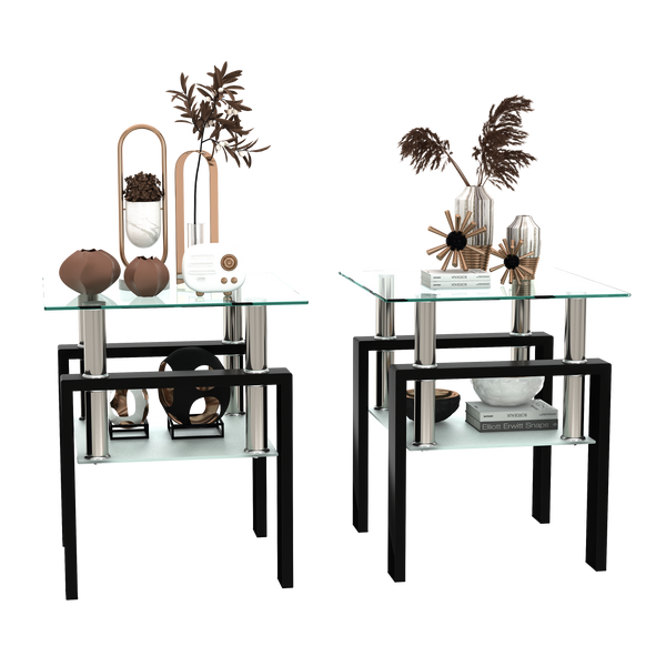 Set of 2, Modern Tempered Glass Tea Table Coffee Table End Table, Square Table for Living Room, Transparent/Black