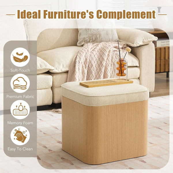Beige Linen Upholstered Storage Ottoman With Footrest