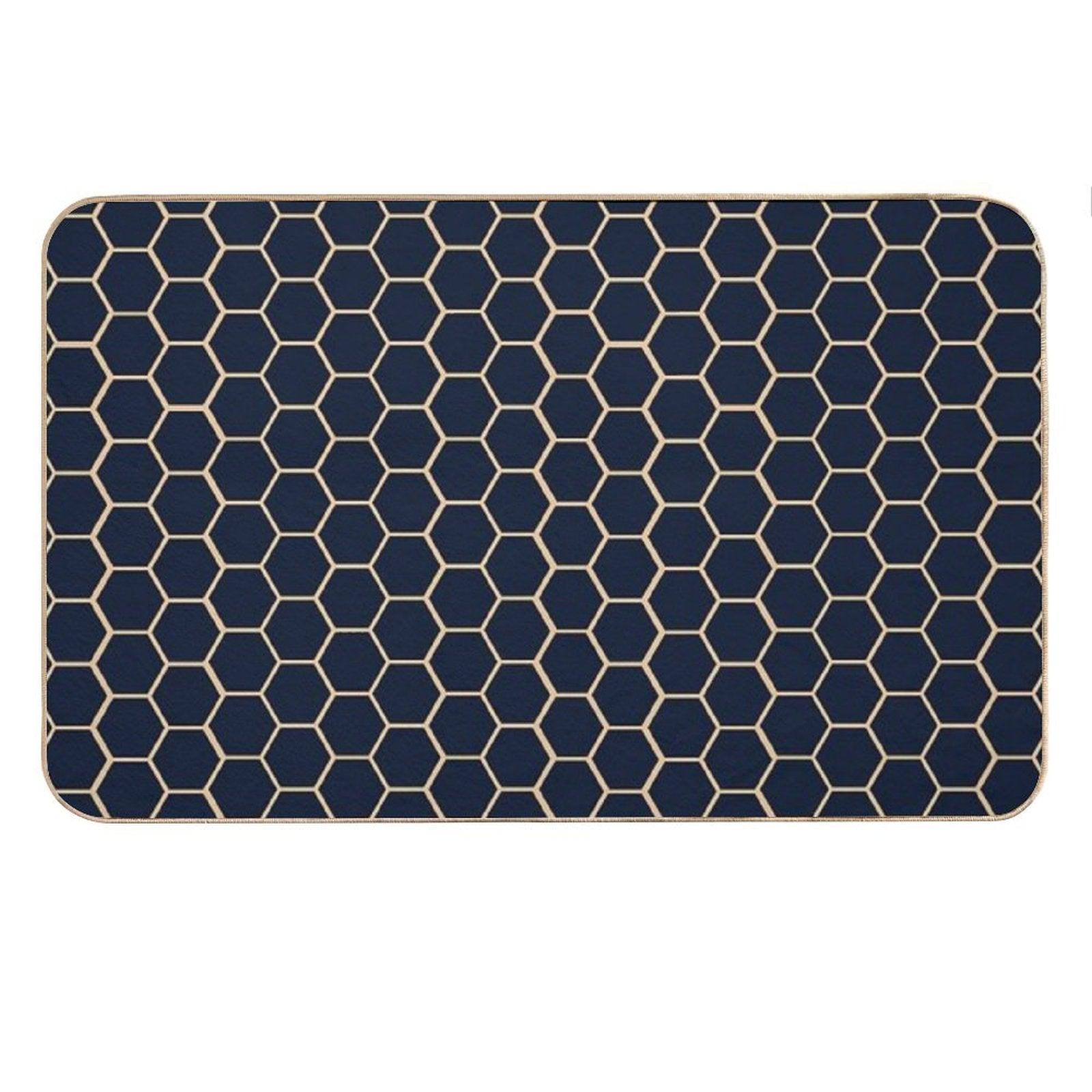 Geometric Light Yellow And Dark Blue Honeycomb Pattern Bath Mat