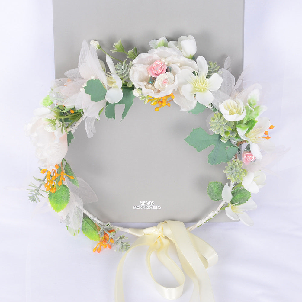 Korean style super fairy bride headdress simulation flower green leaf hair accessory sweet girl Hanfu wedding headdress wreath