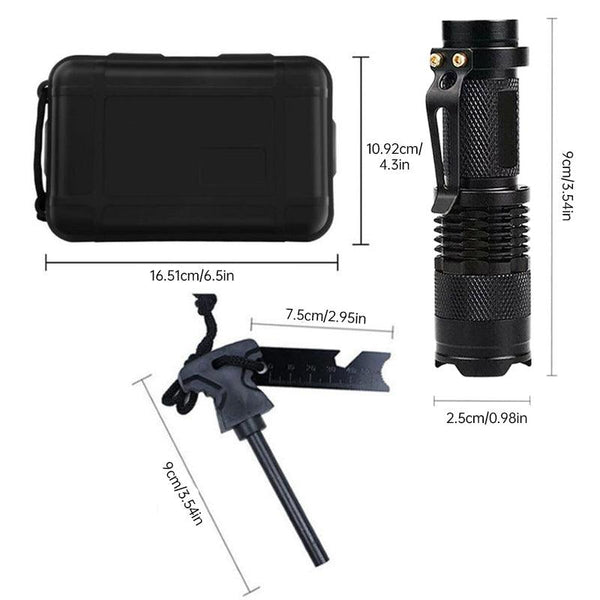Military-grade outdoor travel survival kit with mini camping tools, emergency bracelet, whistle, blanket and knife.