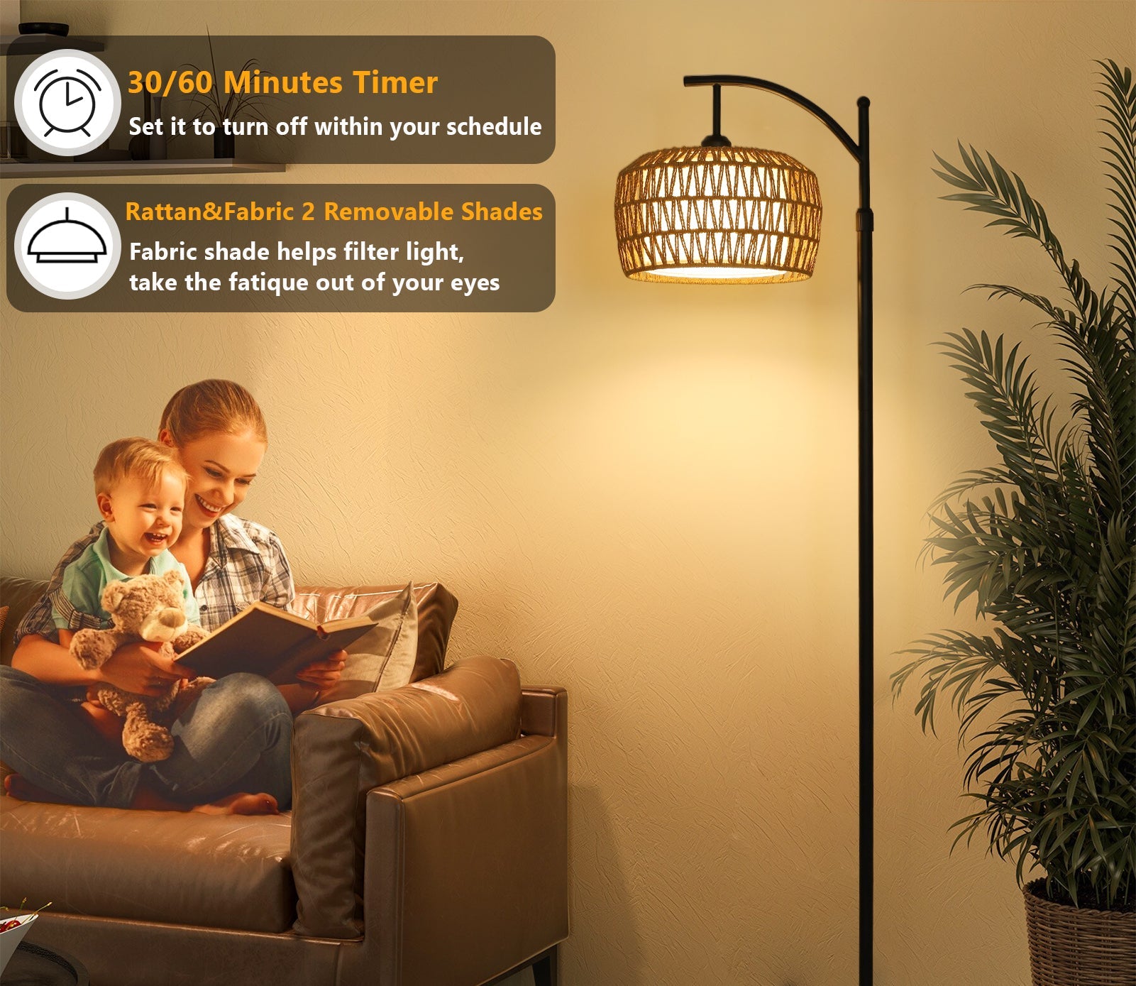 Arc Floor Lamps for Living Room, Dimmable Rattan Floor Lamp with Remote & LED Bulb, Mid Century Modern Standing Lamp with Double Shades, Boho Farmhouse Tall Pole Lamps for Bedroom Office