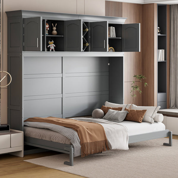 Queen Size Murphy Bed Wall Bed with Top Cabinets & Wine Rack ,Gray(OLD SKU:LP000879AAE)
