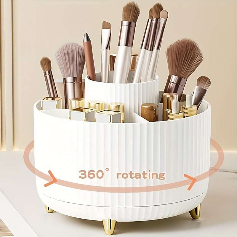 360° Rotating Makeup Organizer - 1pc Plastic Cosmetic Storage with 5 Compartments - Multi-Functional Holder for Brushes, Lipsticks, Skin Care Products, and Stationery - Durable Unscented Desk Caddy with Luxury Stripe Design DSers Fulfillment