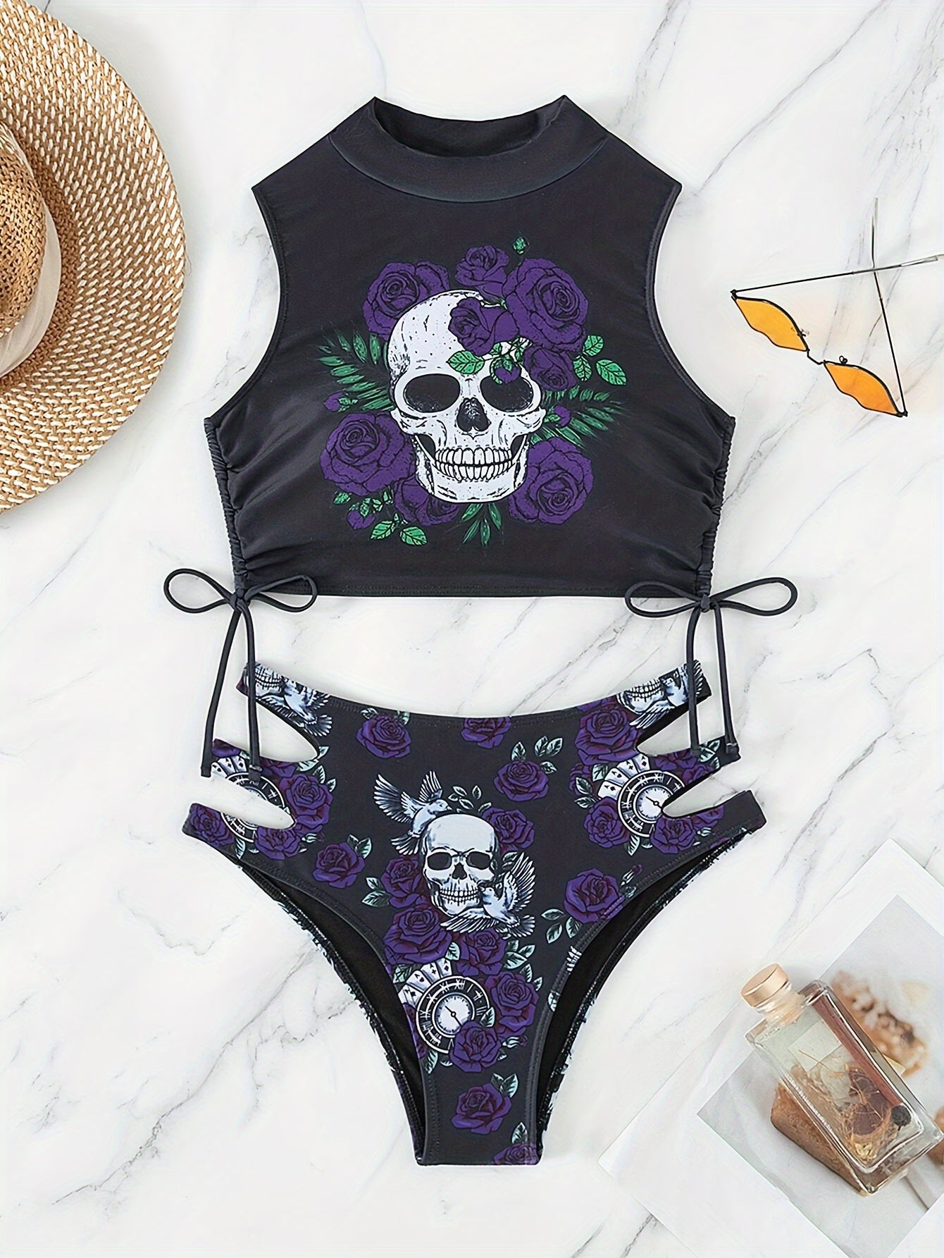 Bikini Skull Print Hollow-Out 2 Piece Swimsuit for Women – Sexy Lace-Up Floral Tie Bathing Suit with Crew Neck – High Stretch Halloween Inspired Bikini Set for Beach Party, Festival, and Summer Vacation