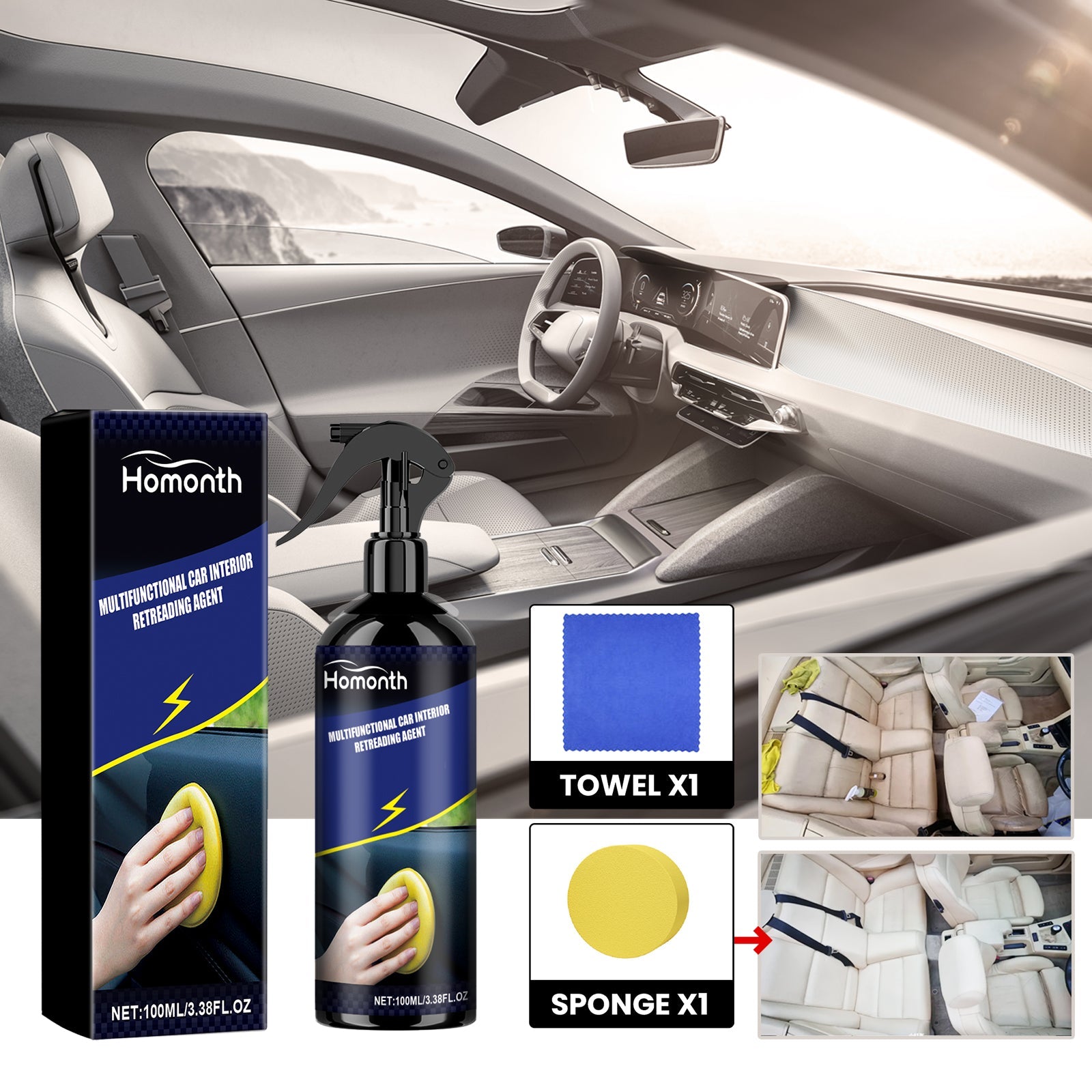 Multi-Purpose Vehicle Interior Retreader Cleans The Instrument Panel Interior With Plastic Retreading Coating For Dust Suppression
