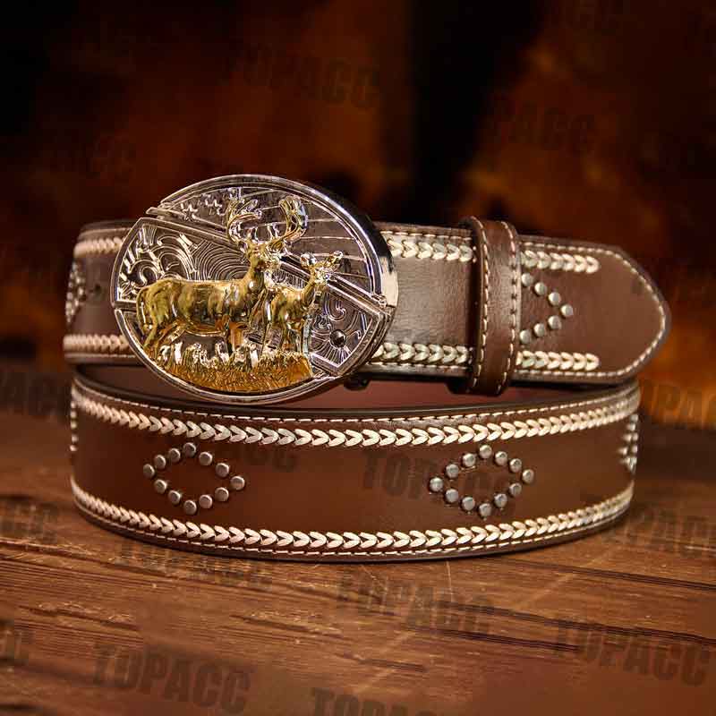 Leather Vintage belt with two-tone buckle