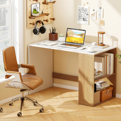 44 Inch Wooden Computer Desk with Bookshelf for Small Space-White and Natural