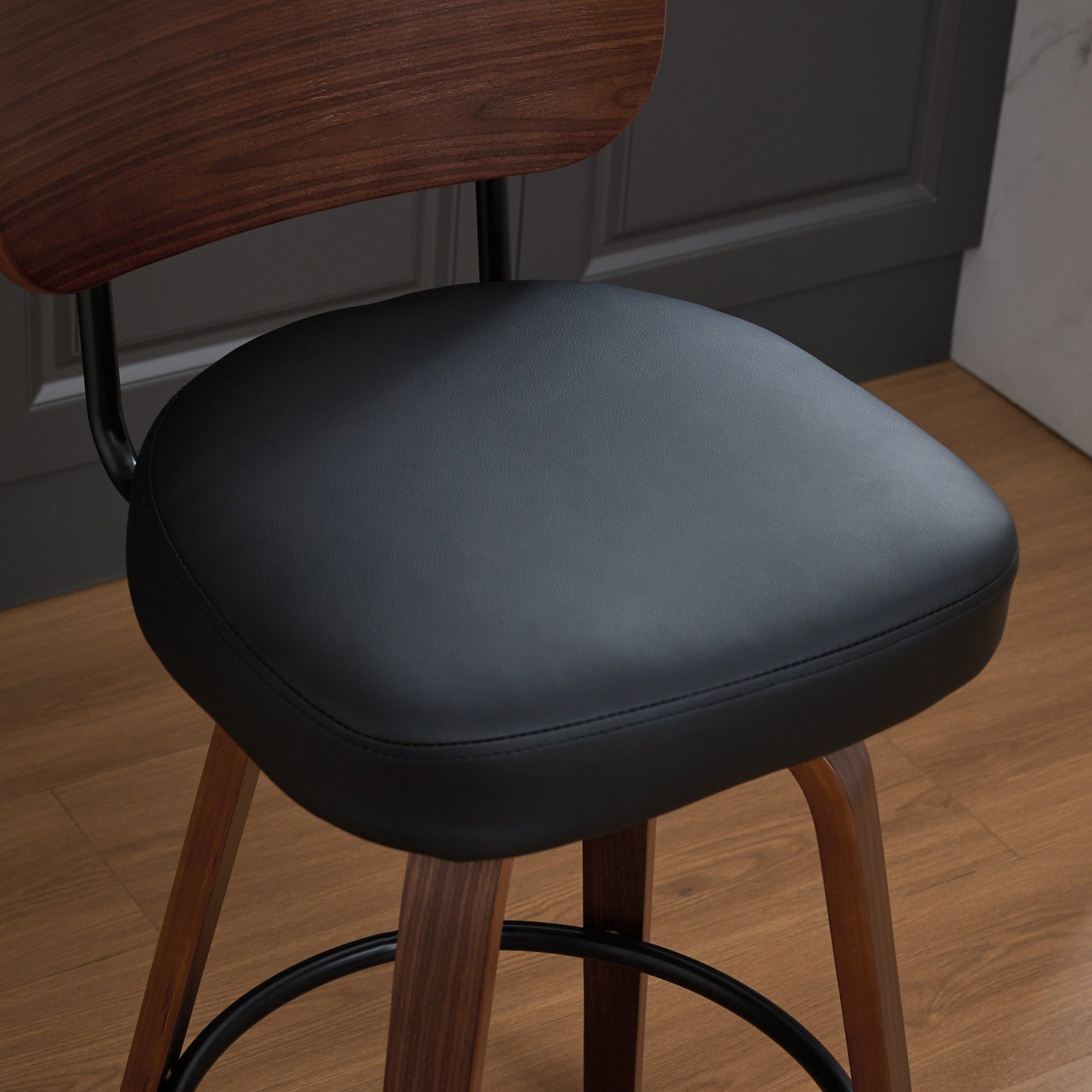 Black PU Leather and Walnut Bentwood Swivel Bar Stool Set