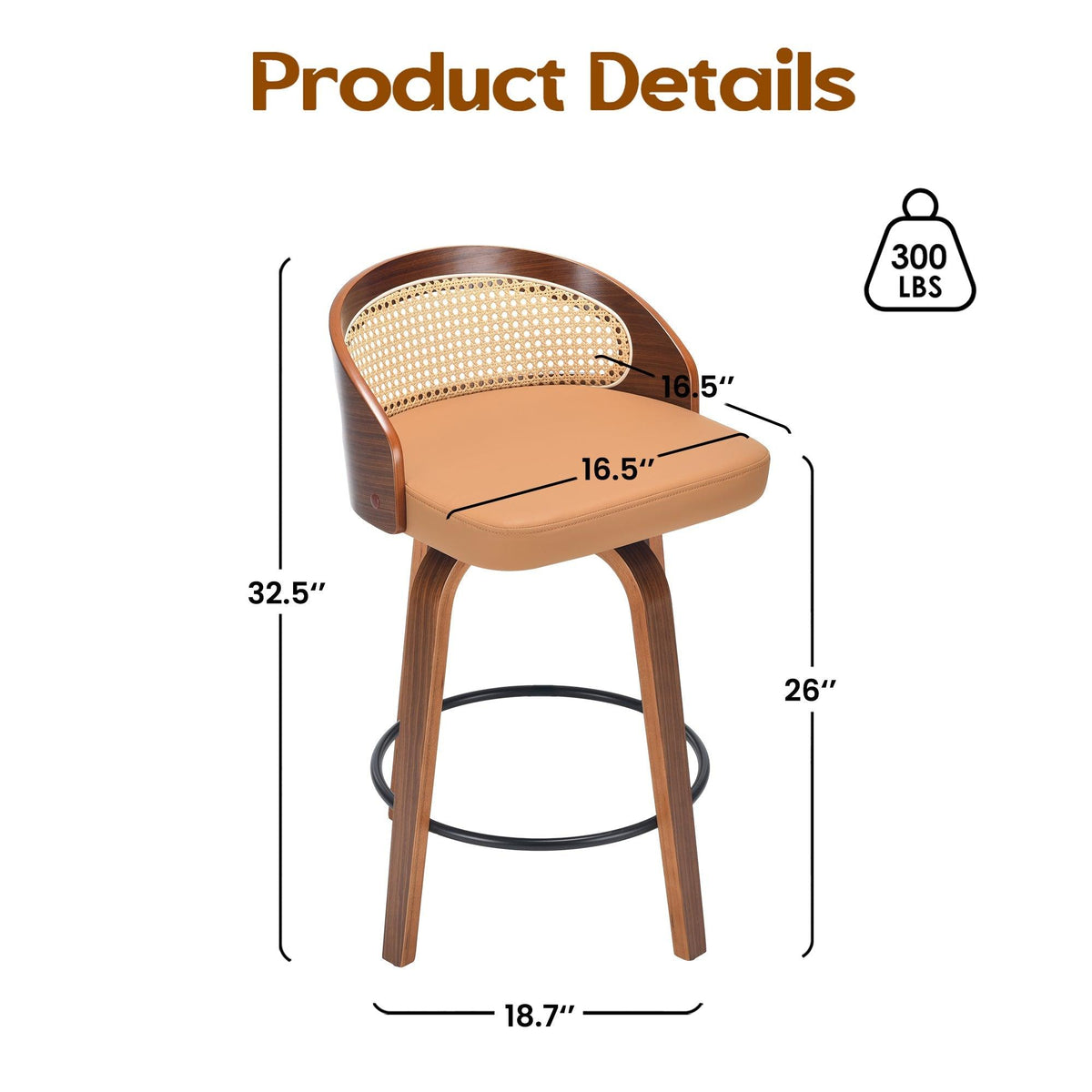 Modern Wood Frame with Rattan Back, Swivel Bar Stools Set of 2