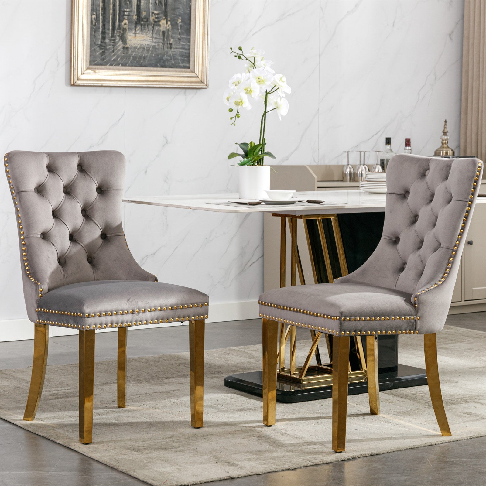 Nikki Collection Modern Tufted Solid Wood Velvet Upholstered Dining Chair with Gold Legs