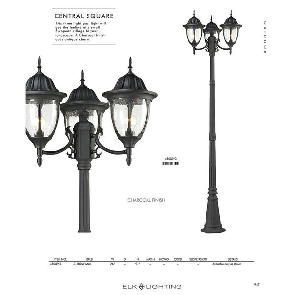 Central Square 3 Light 91 inch Textured Matte Black Outdoor Post Light