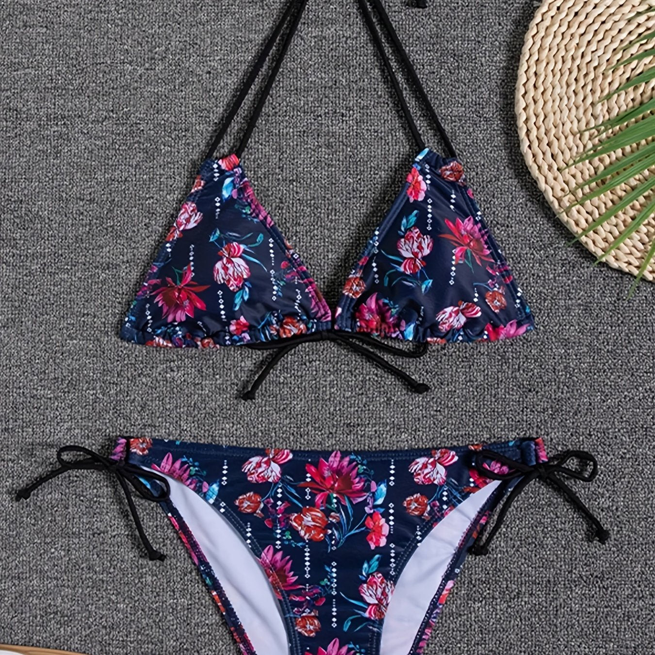 Sunset Bloom 2-Piece Triangle Bikini Set for Women – Vibrant Random Floral Print Halter Neck Swimsuit with Tie-Back Tie-Side Bottoms & High Cut Legs – Women's High-Stretch Swimwear for Summer Beach Escapes