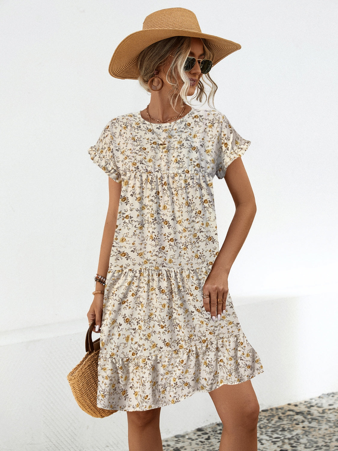 Floral Round Neck Short Sleeve Dress Elegant & Effortless Everyday Style Women Dress