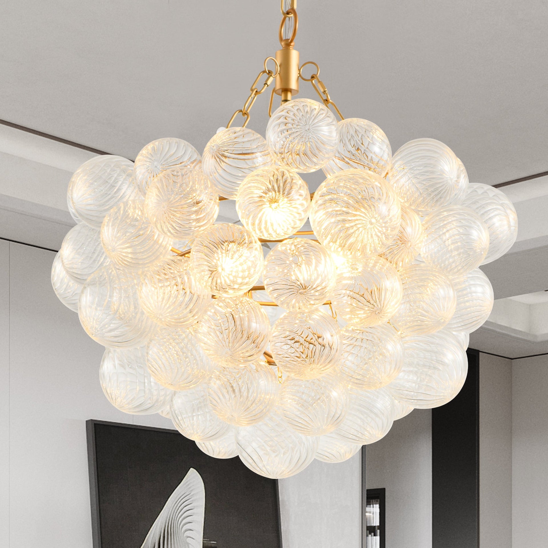 Gold Pendant Chandelier with Threaded Clear Glass Globe Shade for Living, Dining & Kitchen