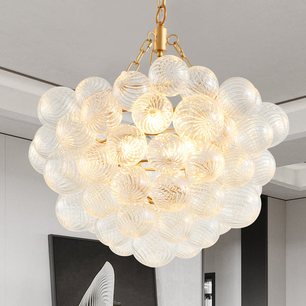 Gold Pendant Chandelier with Threaded Clear Glass Globe Shade for Living, Dining & Kitchen
